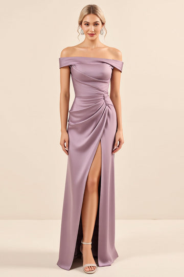 Vintage Mauve Sheath Off the Shoulder Satin Ruched Long Formal Dress
